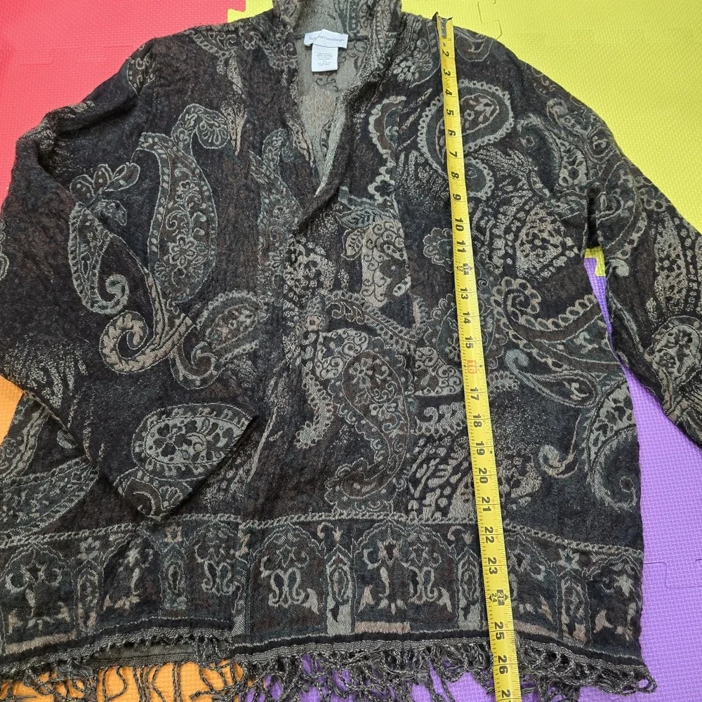 Soft Surroundings 100% Wool‎ Paisley Cardigan Sweater Women's 1X Boho Fringe...